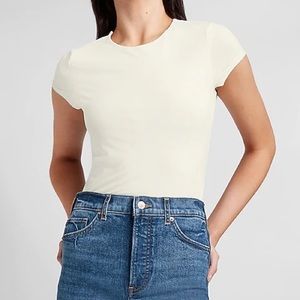 Express fitted crew neck thong bodysuit, S, white